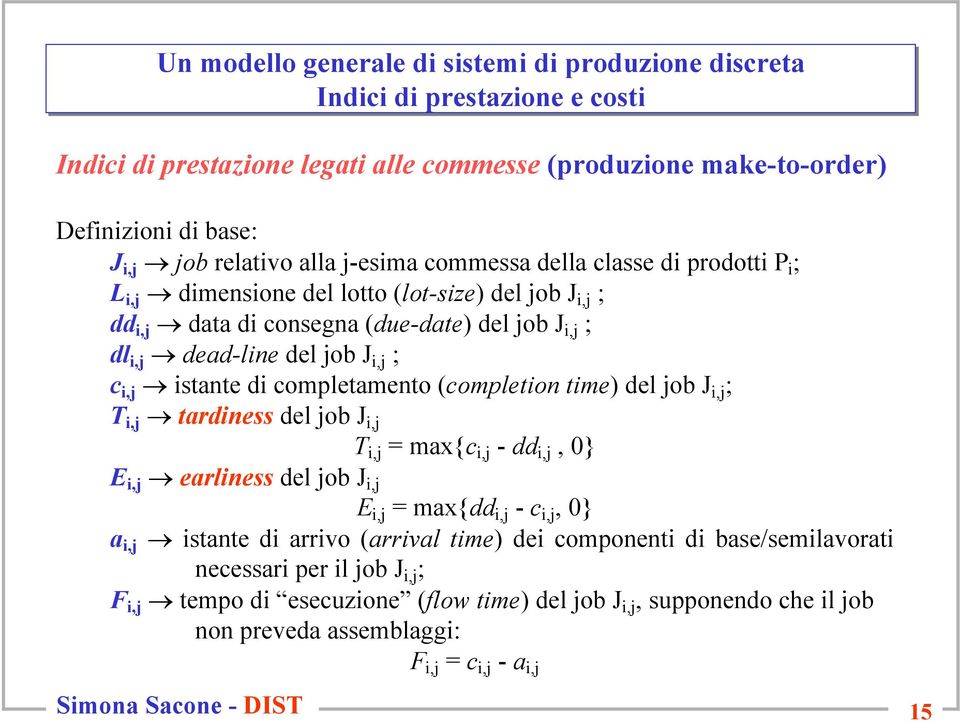 job J i,j ; c i,j istante di completamento (completion time) del job J i,j ; T i,j tardiness del job J i,j T i,j = max{c i,j - dd i,j, 0} E i,j earliness del job J i,j E i,j = max{dd i,j - c i,j, 0}