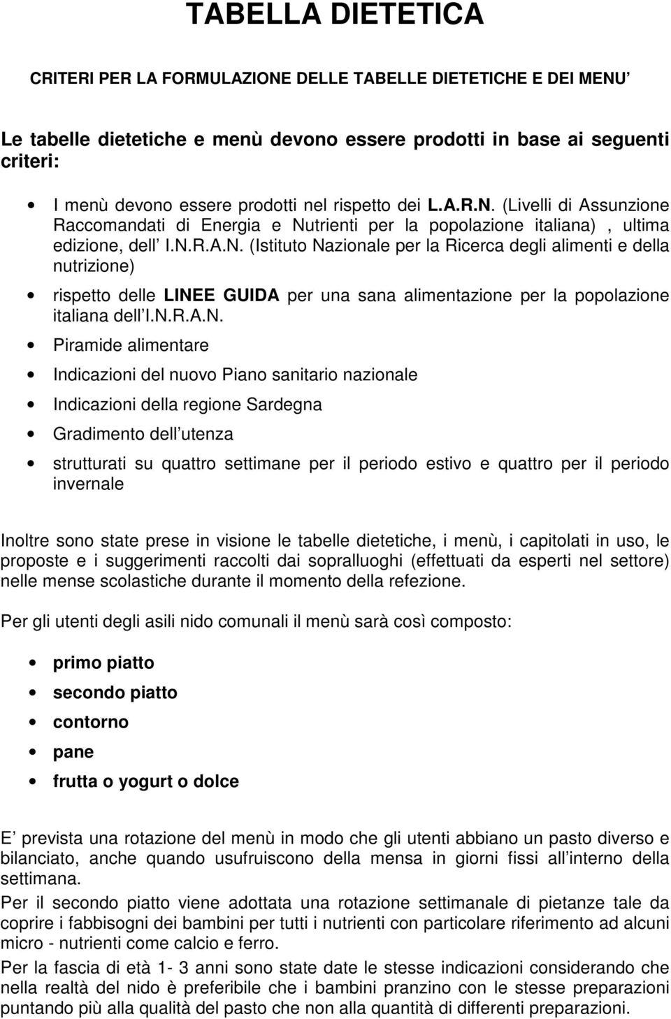 N.R.A.N. Piramide alimentare Indicazioni del nuovo Piano sanitario nazionale Indicazioni della regione Sardegna Gradimento dell utenza strutturati su quattro settimane per il periodo estivo e quattro