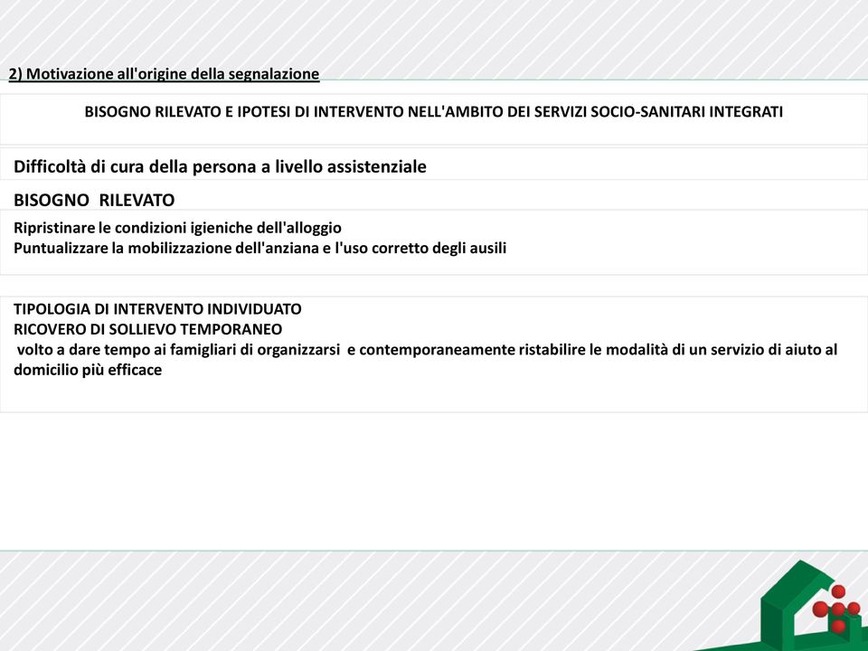 Puntualizzare la mobilizzazione dell'anziana e l'uso corretto degli ausili TIPOLOGIA DI INTERVENTO INDIVIDUATO RICOVERO DI SOLLIEVO