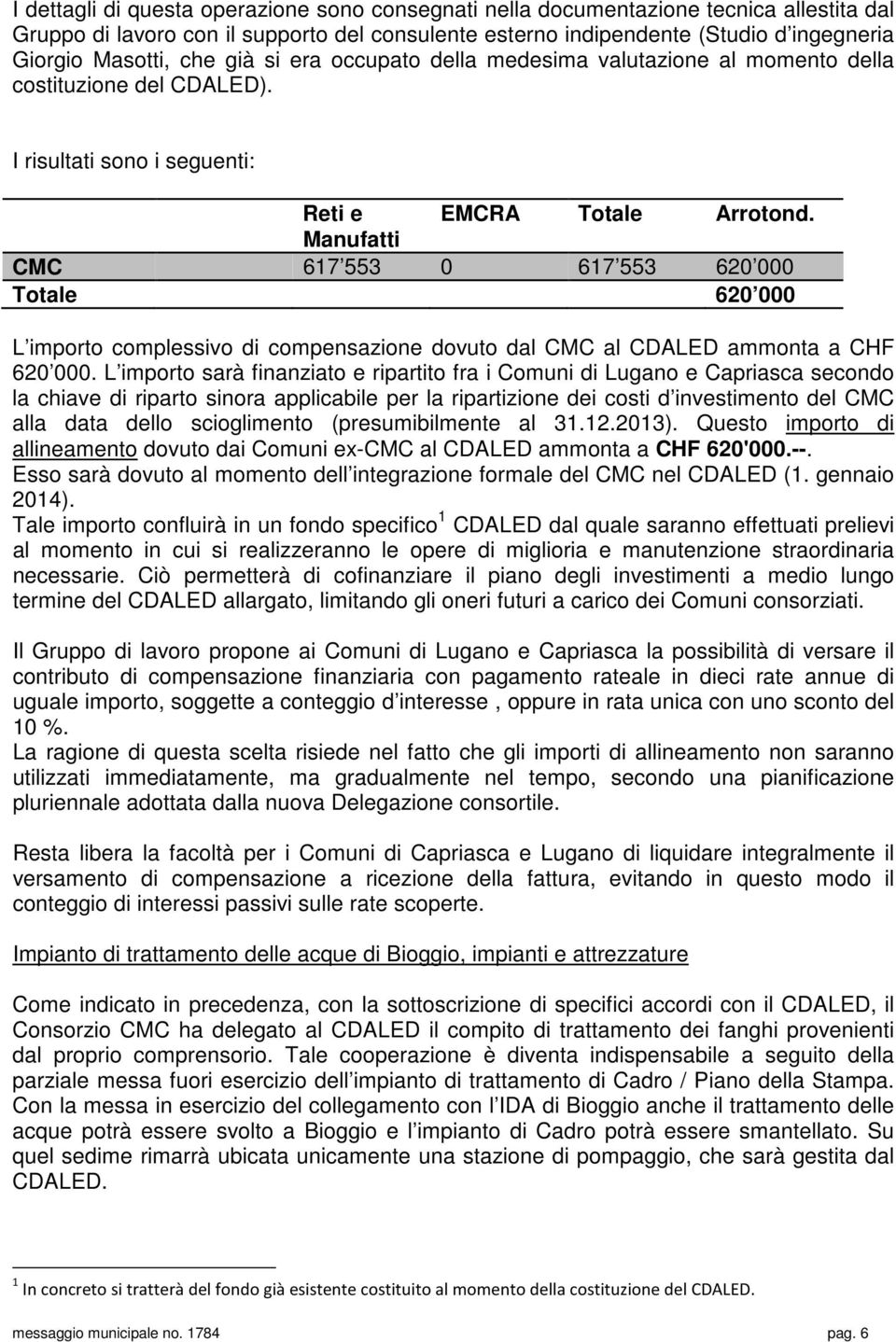 Manufatti CMC 617 553 0 617 553 620 000 Totale 620 000 L importo complessivo di compensazione dovuto dal CMC al CDALED ammonta a CHF 620 000.