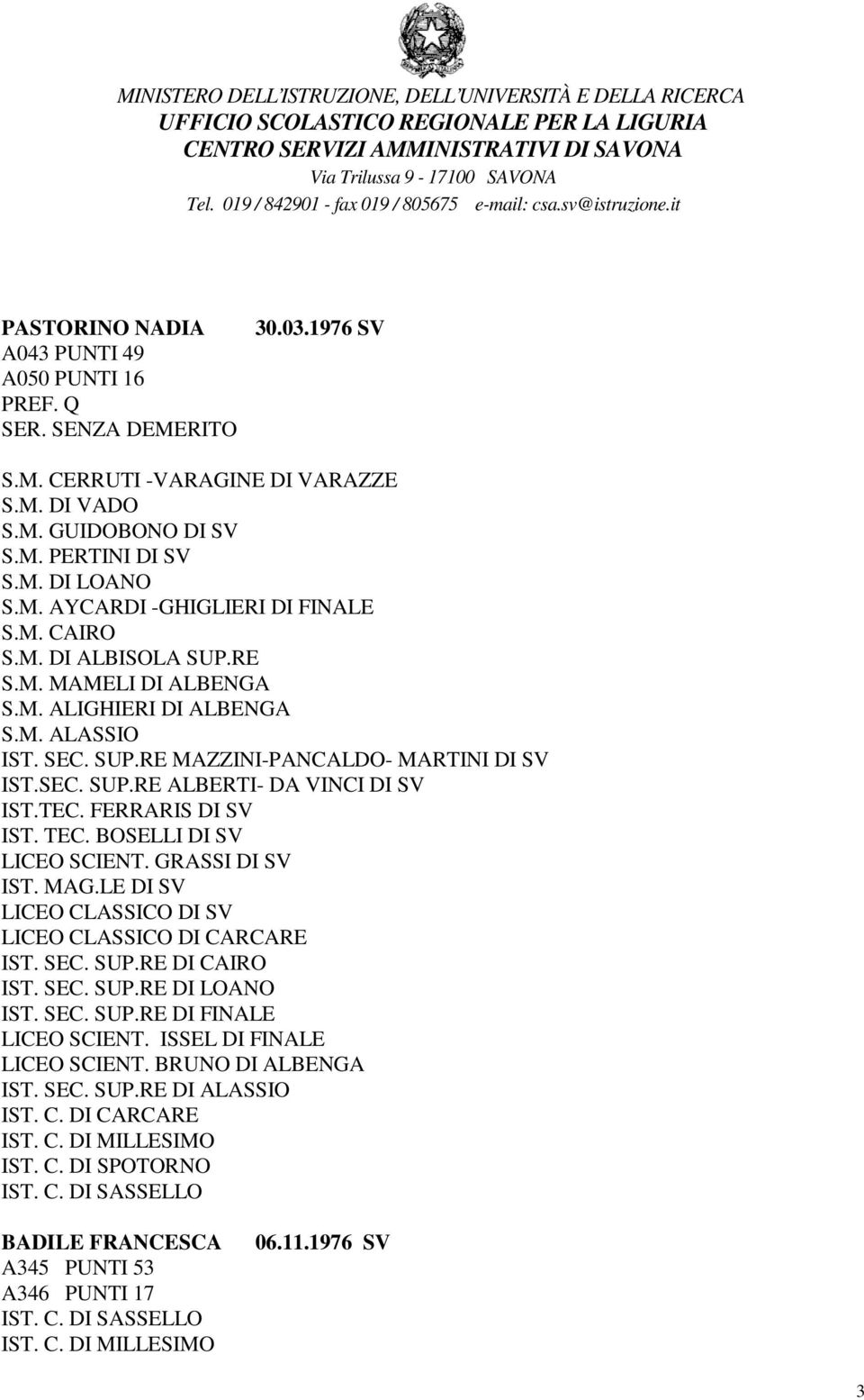 FERRARIS DI SV LICEO SCIENT. GRASSI DI SV LICEO CLASSICO DI SV LICEO CLASSICO DI CARCARE IST. SEC. SUP.RE DI LOANO LICEO SCIENT.