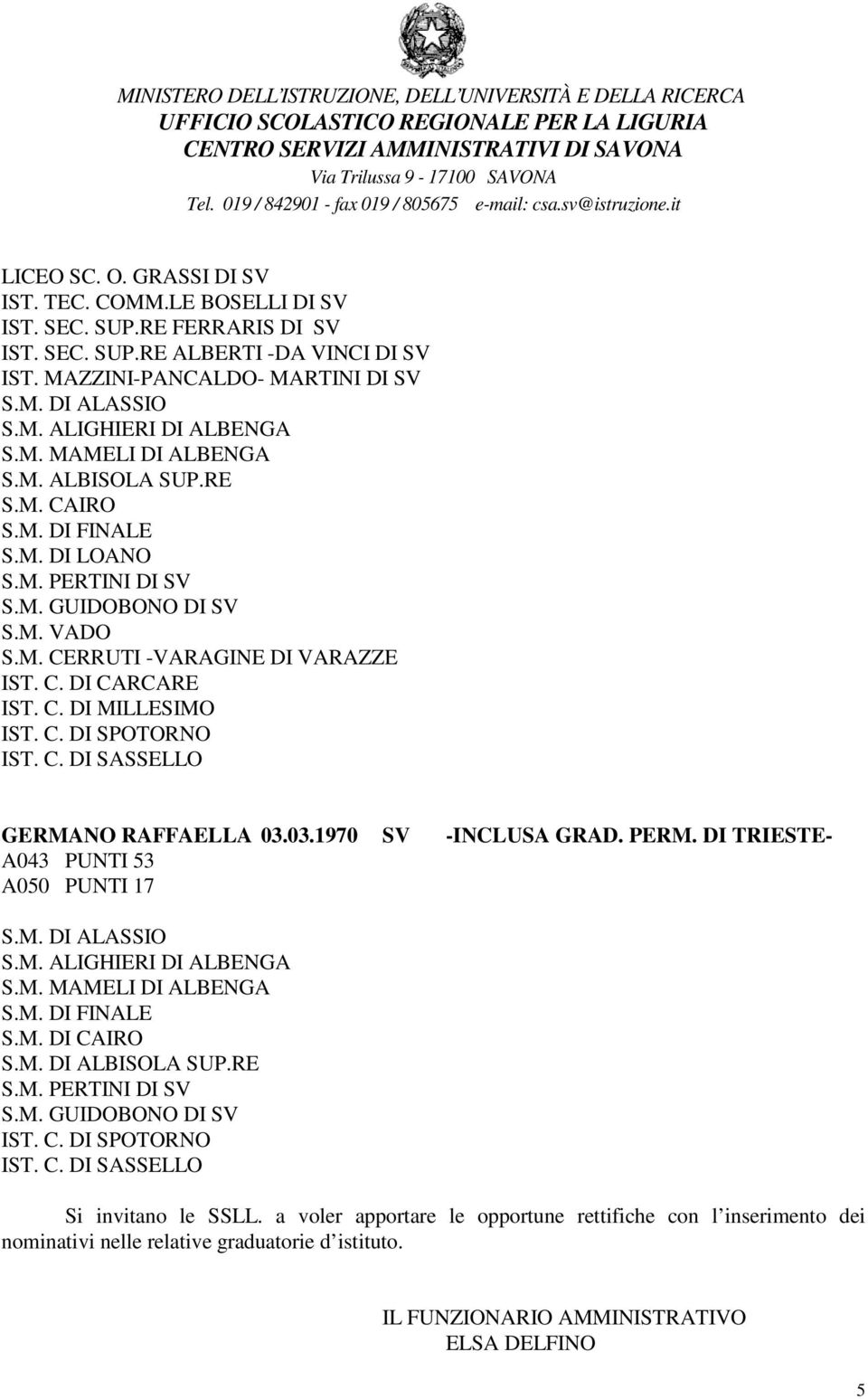 DI TRIESTE- A043 PUNTI 53 S.M. DI CAIRO S.M. DI ALBISOLA SUP.RE Si invitano le SSLL.