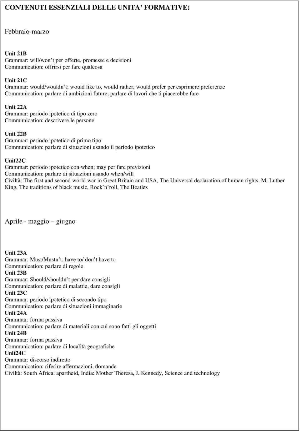 zero Communication: descrivere le persone Unit 22B Grammar: periodo ipotetico di primo tipo Communication: parlare di situazioni usando il periodo ipotetico Unit22C Grammar: periodo ipotetico con