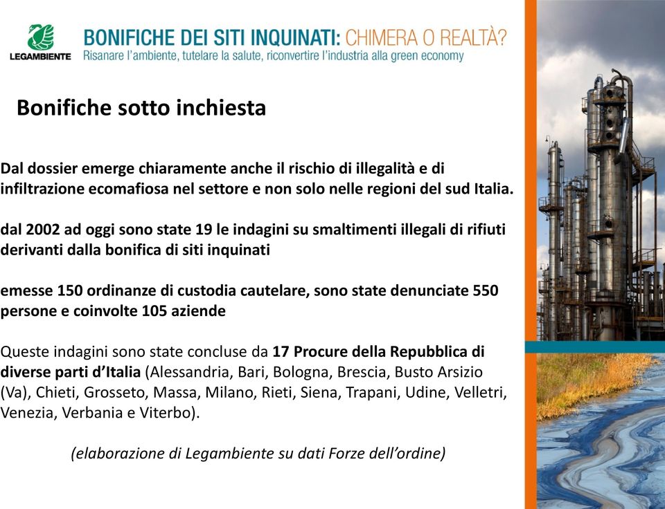 denunciate 550 persone e coinvolte 105 aziende Queste indagini sono state concluse da 17 Procure della Repubblica di diverse parti d Italia (Alessandria, Bari, Bologna,