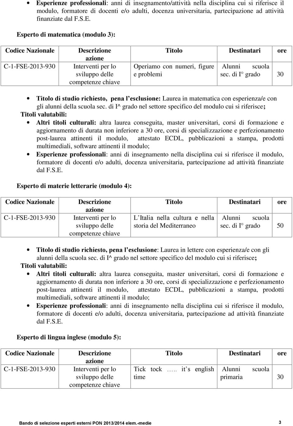 di I^ grado nel settore specifico del modulo cui si riferisce; Esperienze professionali: anni di insegnamento nella disciplina cui si riferisce il modulo, formatore di docenti e/o adulti, docenza