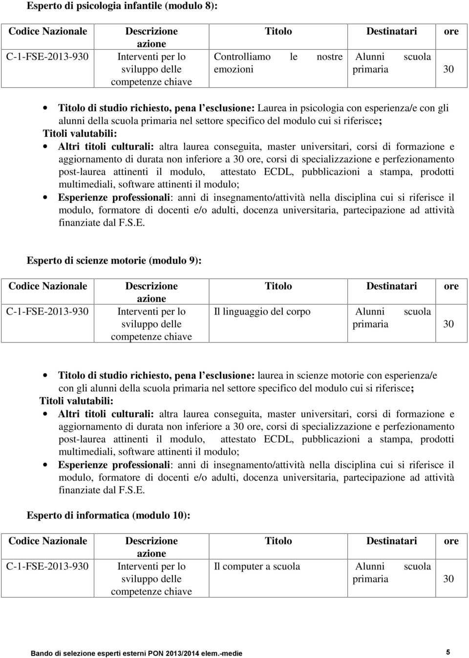 docenti e/o adulti, docenza universitaria, partecip ad attività finanziate dal F.S.E.