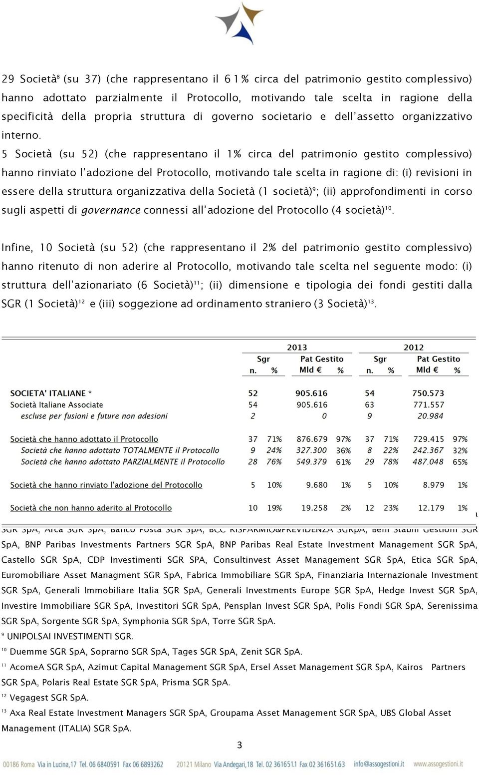 5 Società (su 52) (che rappresentano il 1% circa del patrimonio gestito complessivo) hanno rinviato l adozione del Protocollo, motivando tale scelta in ragione di: (i) revisioni in essere della