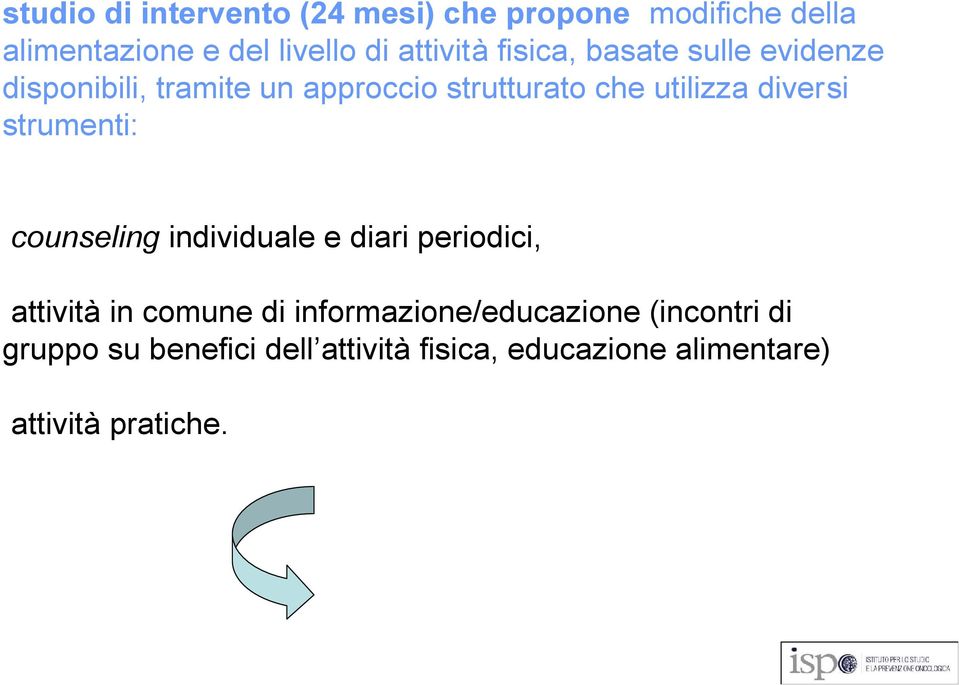 diversi strumenti: counseling individuale e diari periodici, attività in comune di