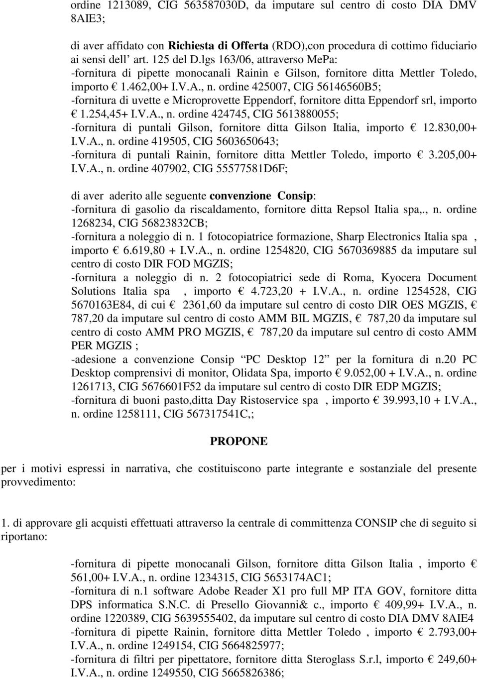 ordine 425007, CIG 56146560B5; - uvette e Microprovette Eppendorf, fornitore ditta Eppendorf srl, importo 1.254,45+ I.V.A., n.