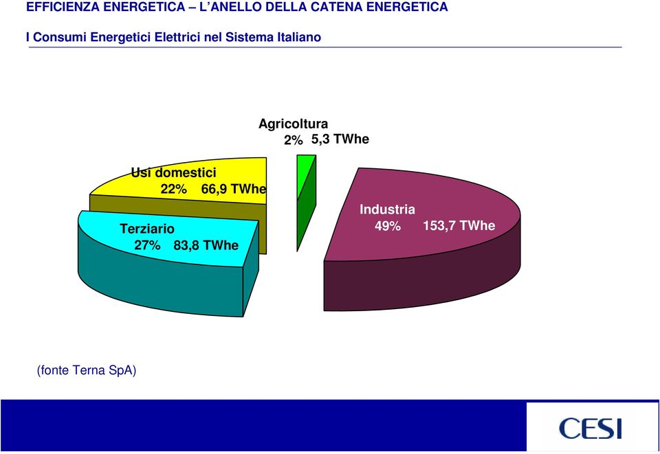 Agricoltura 2% 5,3 TWhe Usi domestici 22% 66,9 TWhe