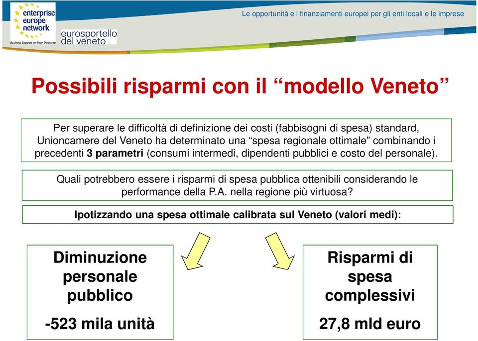 personale). Quali potrebbero essere i risparmi di spesa pubblica ottenibili considerando le performance della P.A. nella regione più virtuosa?