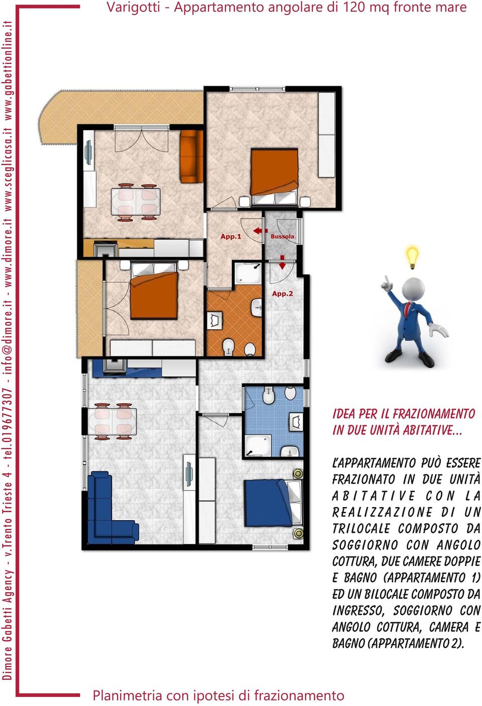 .. L appartamento può essere frazionato in due unità abitative con la realizzazione di un trilocale composto da soggiorno con