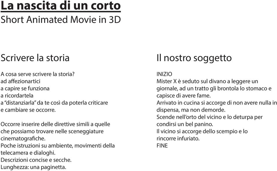 Occorre inserire delle direttive simili a quelle che possiamo trovare nelle sceneggiature cinematografiche. Poche istruzioni su ambiente, movimenti della telecamera e dialoghi.