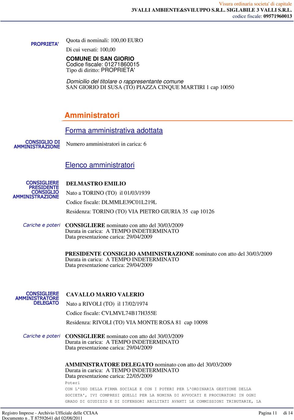 Codice fiscale: DLMMLE39C01L219L Residenza: TORINO (TO) VIA PIETRO GIURIA 35 cap 10126 Cariche e poteri CONSIGLIERE nominato con atto del 30/03/2009 Data presentazione carica: 29/04/2009 PRESIDENTE