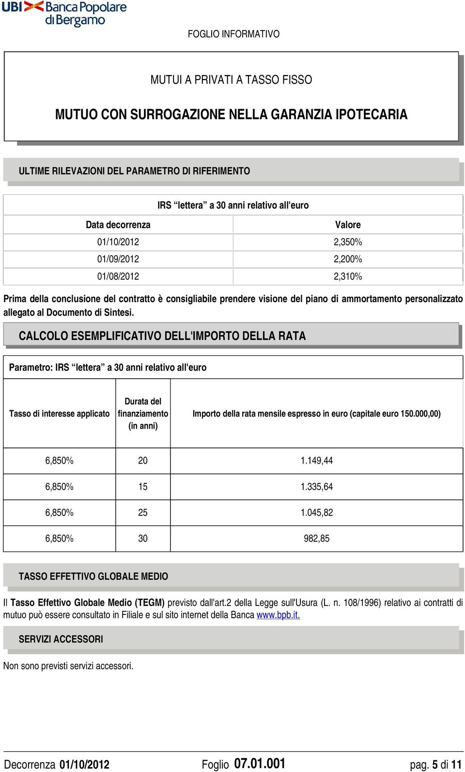 CALCOLO ESEMPLIFICATIVO DELL'IMPORTO DELLA RATA Parametro: IRS lettera a 30 anni relativo all'euro Tasso di interesse applicato Durata del finanziamento (in anni) Importo della rata mensile espresso