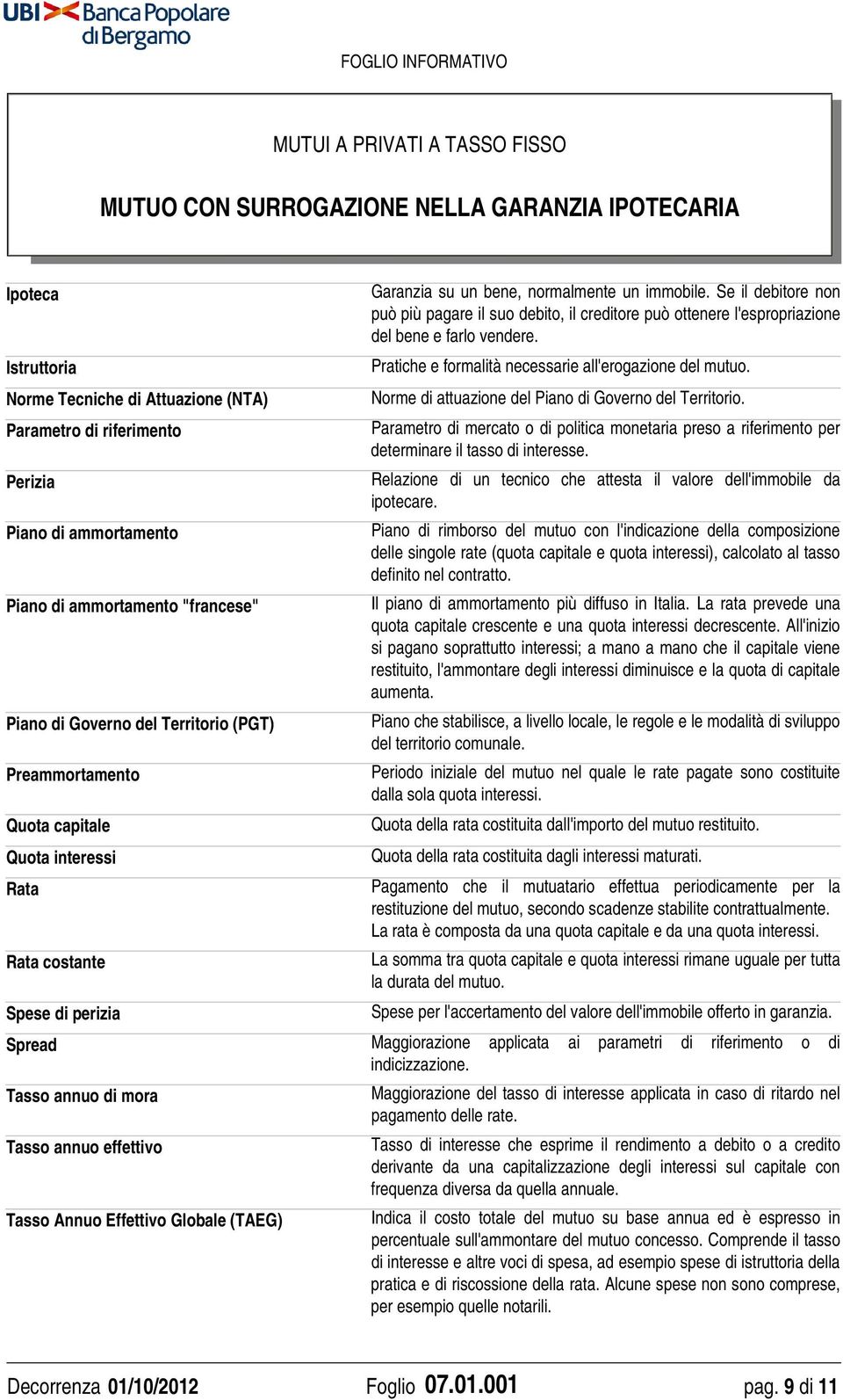 Pratiche e formalità necessarie all'erogazione del mutuo. Norme di attuazione del Piano di Governo del Territorio.