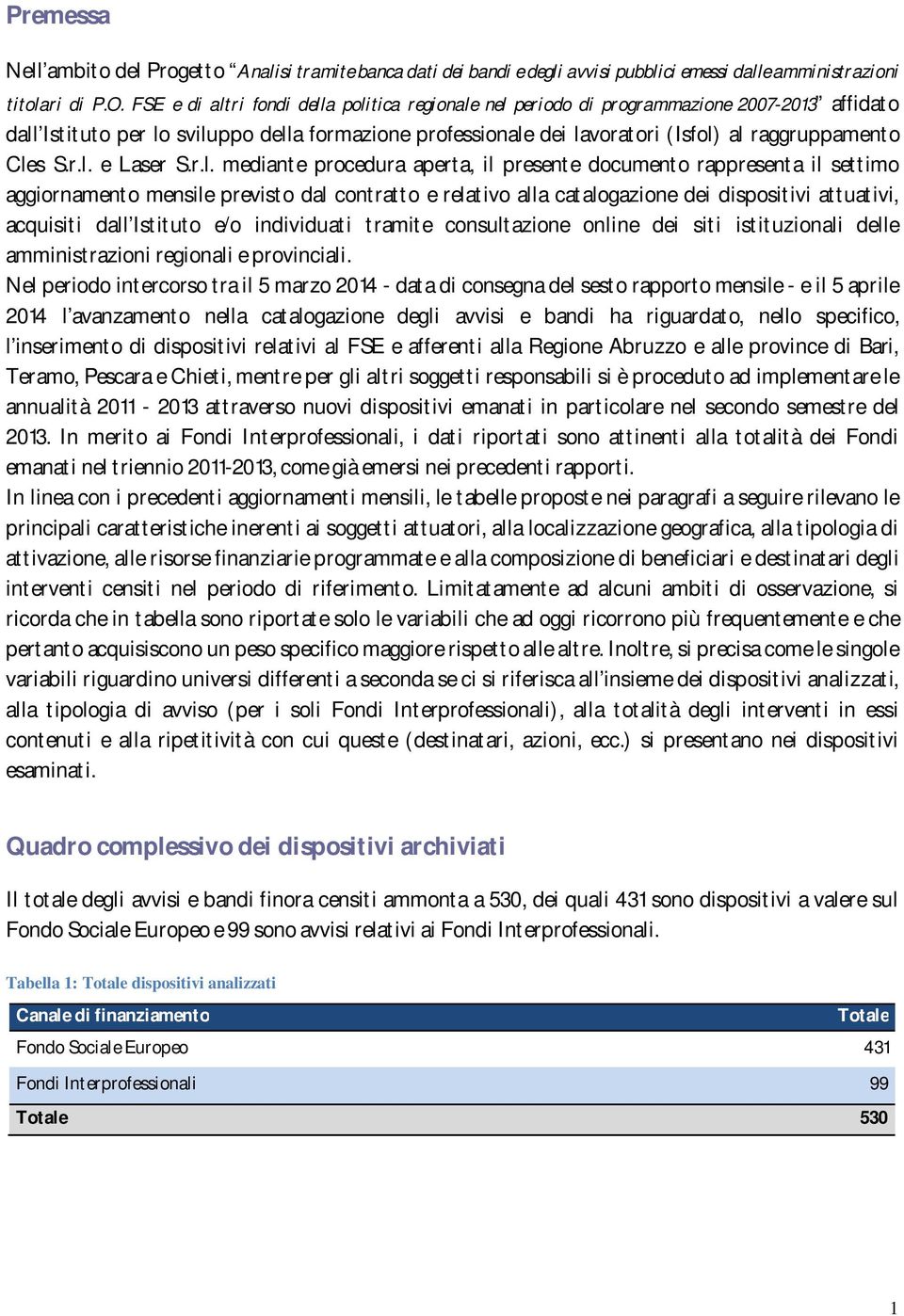 Cles S.r.l. e Laser S.r.l. mediante procedura aperta, il presente documento rappresenta il settimo aggiornamento mensile previsto dal contratto e relativo alla catalogazione dei dispositivi