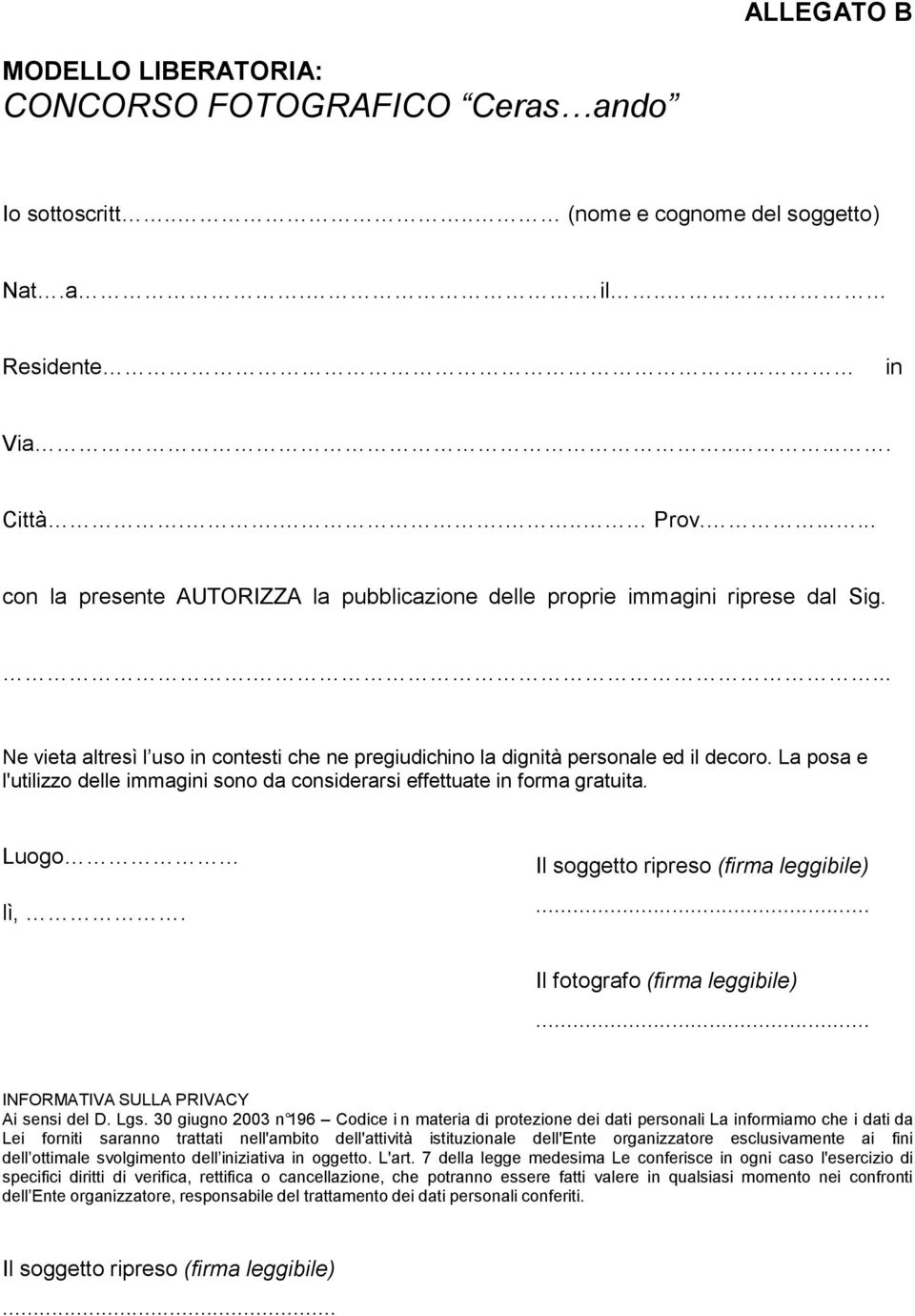 La posa e l'utilizzo delle immagini sono da considerarsi effettuate in forma gratuita. Luogo lì,. Il soggetto ripreso (firma leggibile)... Il fotografo (firma leggibile).