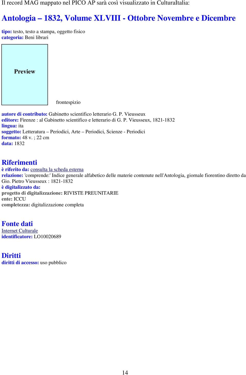 ; 22 cm data: 1832 Riferimenti è riferito da: consulta la scheda esterna relazione: 'comprende:' Indice generale alfabetico delle materie contenute nell'antologia, giornale fiorentino diretto da Gio.