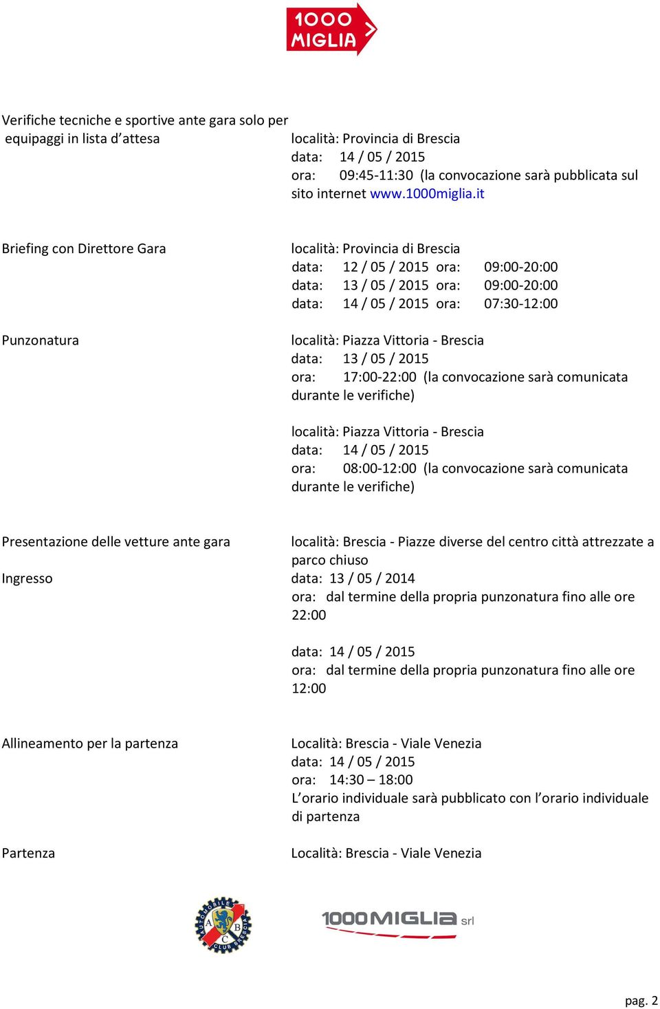 it Briefing con Direttore Gara Punzonatura località: Provincia di Brescia data: 12 / 05 / 2015 ora: 09:00-20:00 data: 13 / 05 / 2015 ora: 09:00-20:00 data: 14 / 05 / 2015 ora: 07:30-12:00 località: