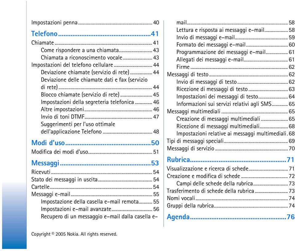 .. 46 Altre impostazioni... 46 Invio di toni DTMF... 47 Suggerimenti per l'uso ottimale dell'applicazione Telefono... 48 Modi d'uso...50 Modifica dei modi d'uso... 51 Messaggi...53 Ricevuti.