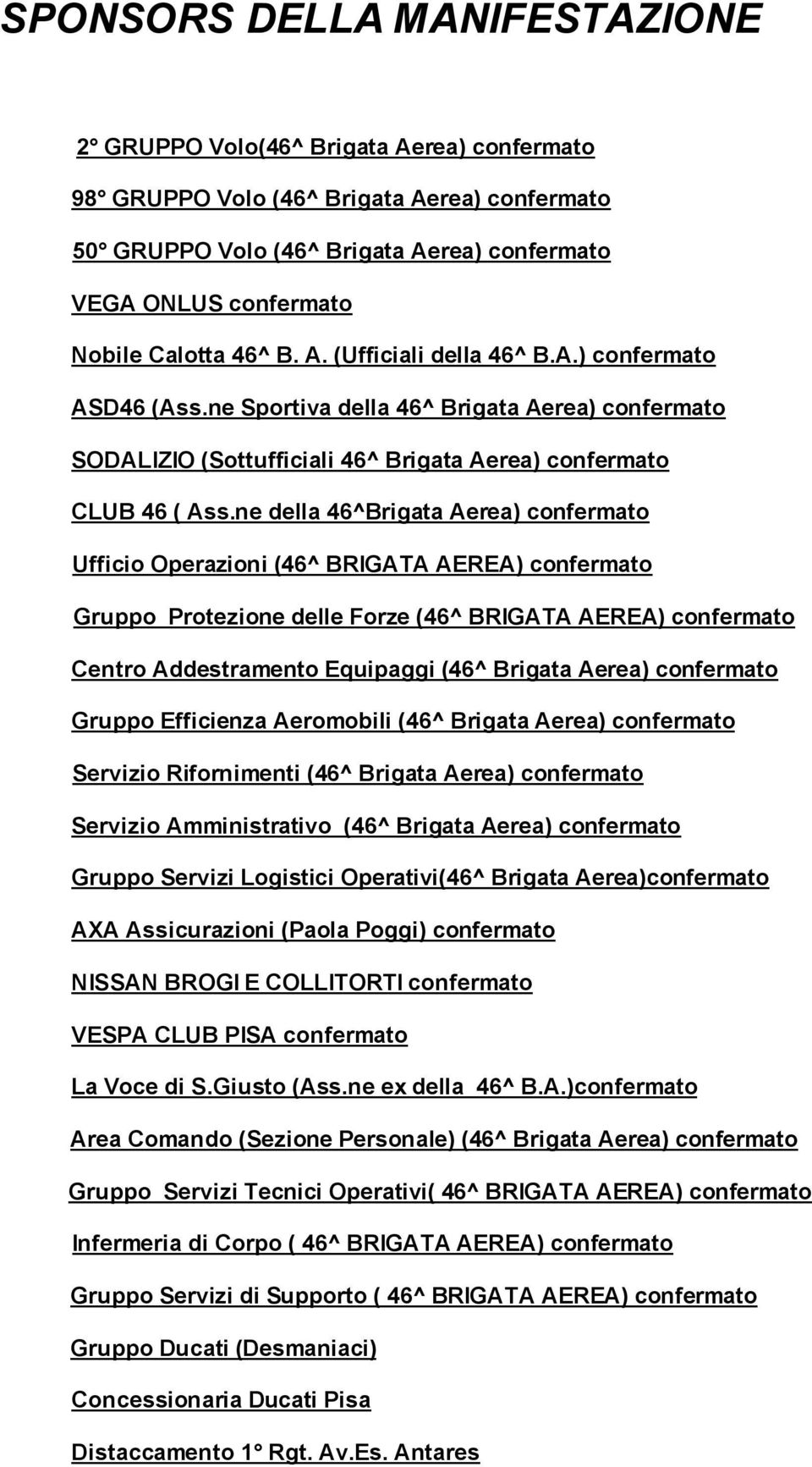 ne della 46^Brigata Aerea) confermato Ufficio Operazioni (46^ BRIGATA AEREA) confermato Gruppo Protezione delle Forze (46^ BRIGATA AEREA) confermato Centro Addestramento Equipaggi (46^ Brigata Aerea)