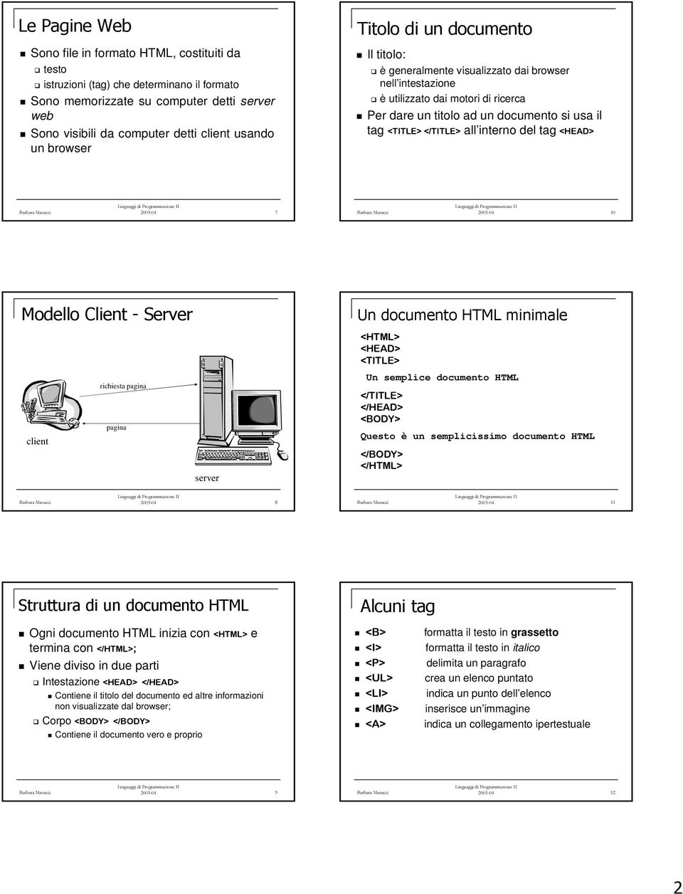 </TITLE> all interno del tag <HEAD> 2003-04 7 2003-04 10 Modello Client - Server Un documento HTML minimale <HTML> <HEAD> <TITLE> client richiesta pagina pagina Un semplice documento HTML </TITLE>