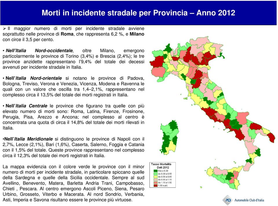 Nell Italia Nord-occidentale, oltre Milano, emergono particolarmente le province di Torino (3,4%) e Brescia (2,4%); le tre province anzidette rappresentano l 9,4% del totale dei decessi avvenuti per