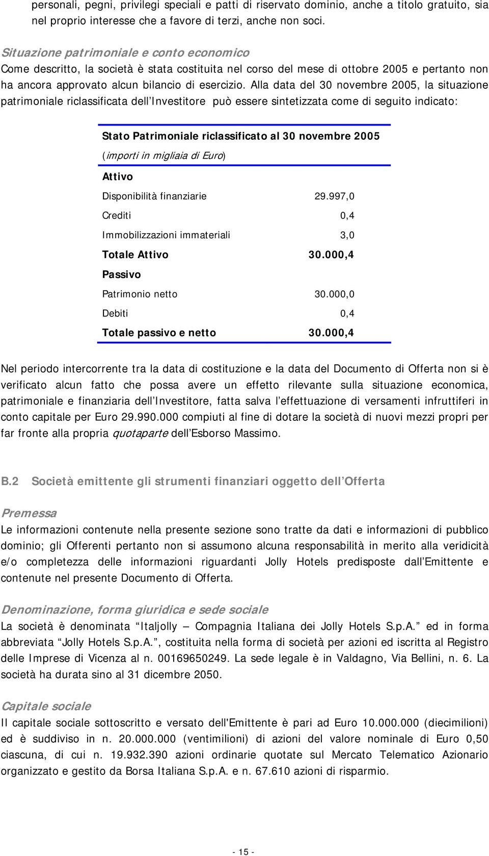 Alla data del 30 novembre 2005, la situazione patrimoniale riclassificata dell Investitore può essere sintetizzata come di seguito indicato: Stato Patrimoniale riclassificato al 30 novembre 2005