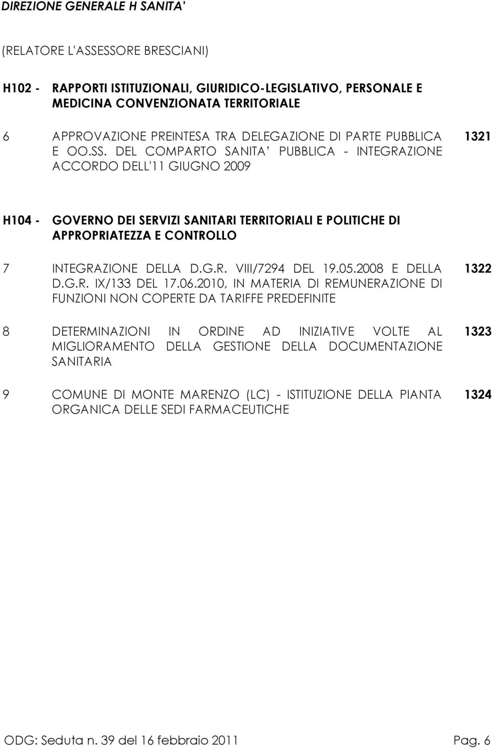 DEL COMPARTO SANITA PUBBLICA - INTEGRAZIONE ACCORDO DELL'11 GIUGNO 2009 1321 H104 - GOVERNO DEI SERVIZI SANITARI TERRITORIALI E POLITICHE DI APPROPRIATEZZA E CONTROLLO 7 INTEGRAZIONE DELLA D.G.R. VIII/7294 DEL 19.