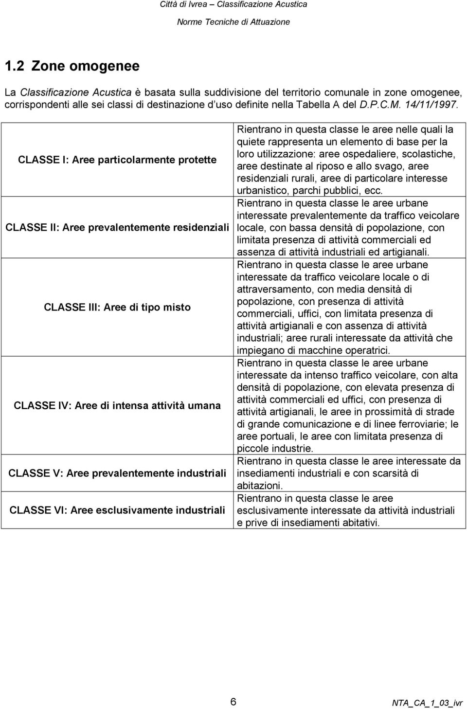 CLASSE I: Aree particolarmente protette CLASSE II: Aree prevalentemente residenziali CLASSE III: Aree di tipo misto CLASSE IV: Aree di intensa attività umana CLASSE V: Aree prevalentemente