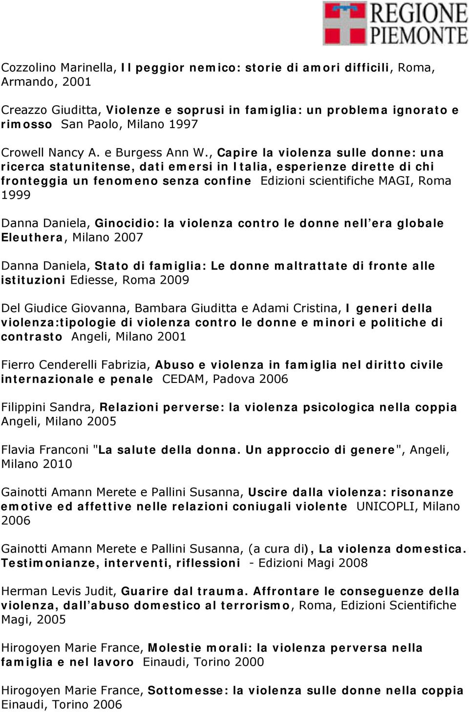 , Capire la violenza sulle donne: una ricerca statunitense, dati emersi in Italia, esperienze dirette di chi fronteggia un fenomeno senza confine Edizioni scientifiche MAGI, Roma 1999 Danna Daniela,