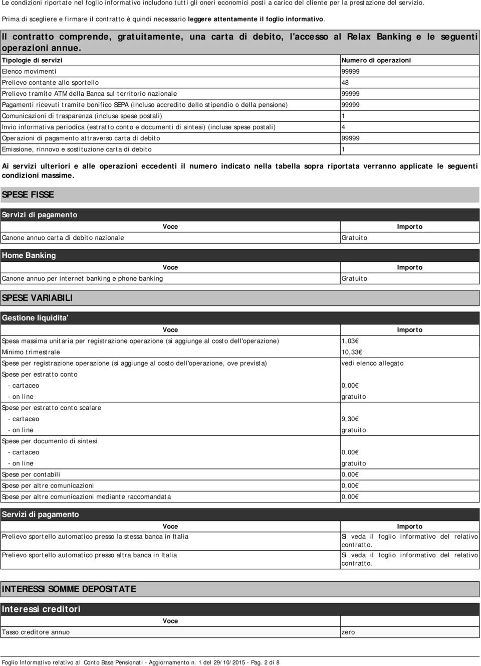 Il contratto comprende, gratuitamente, una carta di debito, l'accesso al Relax Banking e le seguenti operazioni annue.