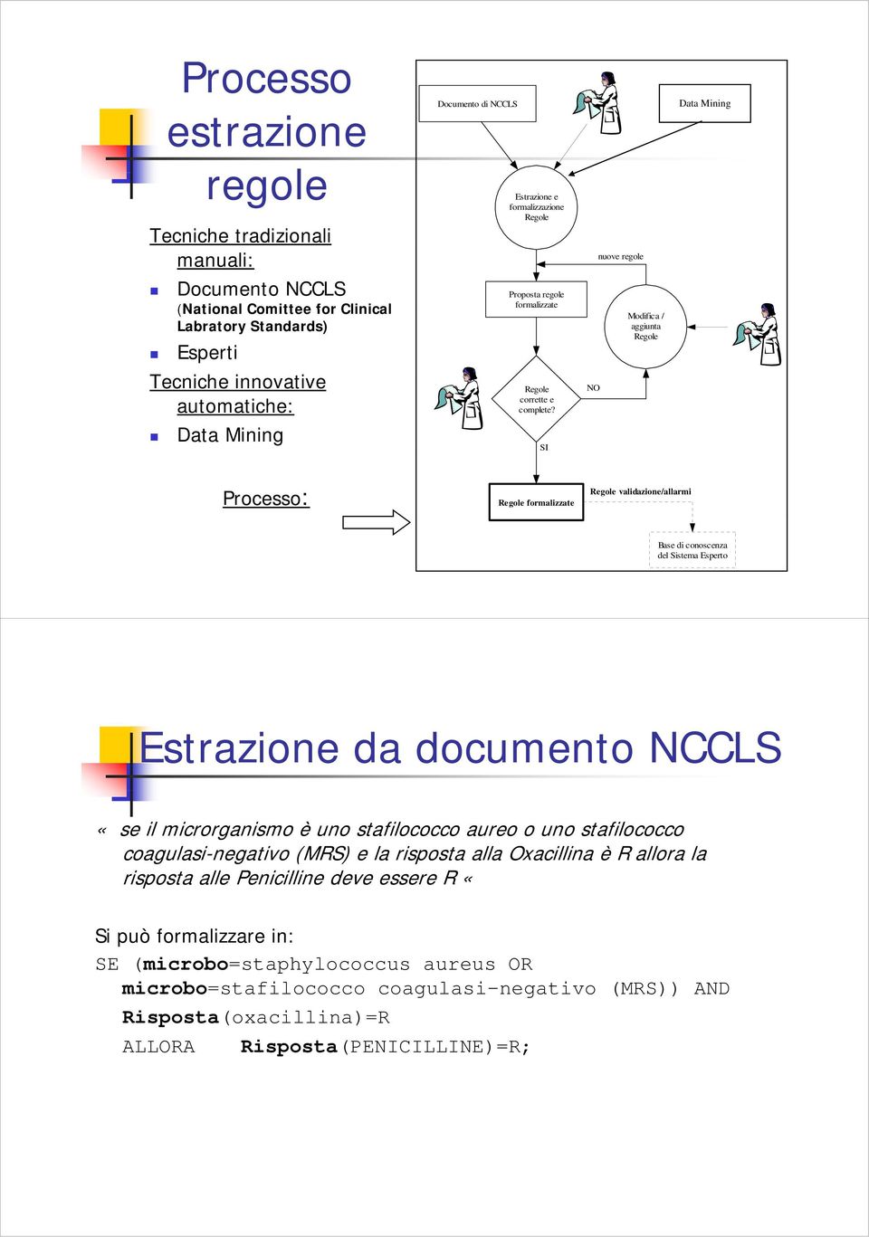 SI NO aggiunta Regole Data Mining Processo: Regole formalizzate Regole validazione/allarmi Base di conoscenza del Sistema Esperto Estrazione da documento NCCLS «se il microrganismo è uno stafilococco