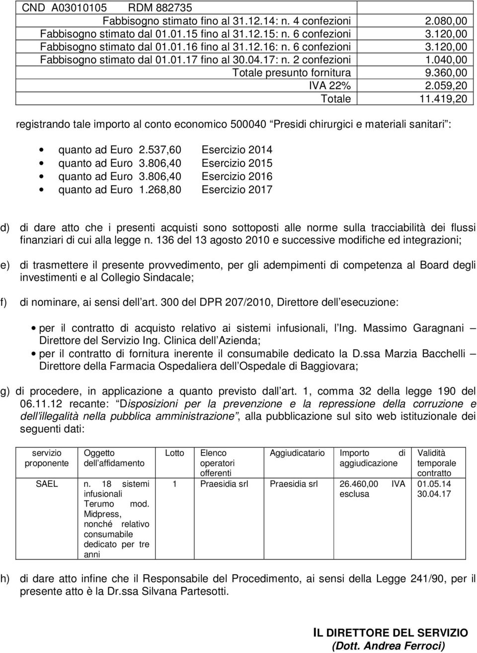 419,20 registrando tale importo al conto economico 500040 Presidi chirurgici e materiali sanitari : quanto ad Euro 2.537,60 Esercizio 2014 quanto ad Euro 3.806,40 Esercizio 2015 quanto ad Euro 3.