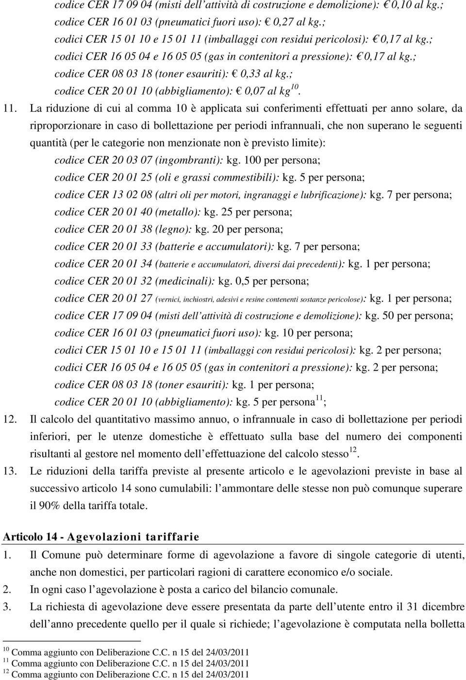 ; codice CER 08 03 18 (toner esauriti): 0,33 al kg.; codice CER 20 01 10 (abbigliamento): 0,07 al kg 10. 11.