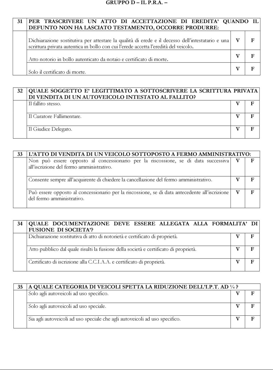 32 QUALE SOGGETTO E LEGITTIMATO A SOTTOSCRIERE LA SCRITTURA PRIATA DI ENDITA DI UN AUTOEICOLO INTESTATO AL ALLITO? Il fallito stesso. Il Curatore allimentare. Il Giudice Delegato.