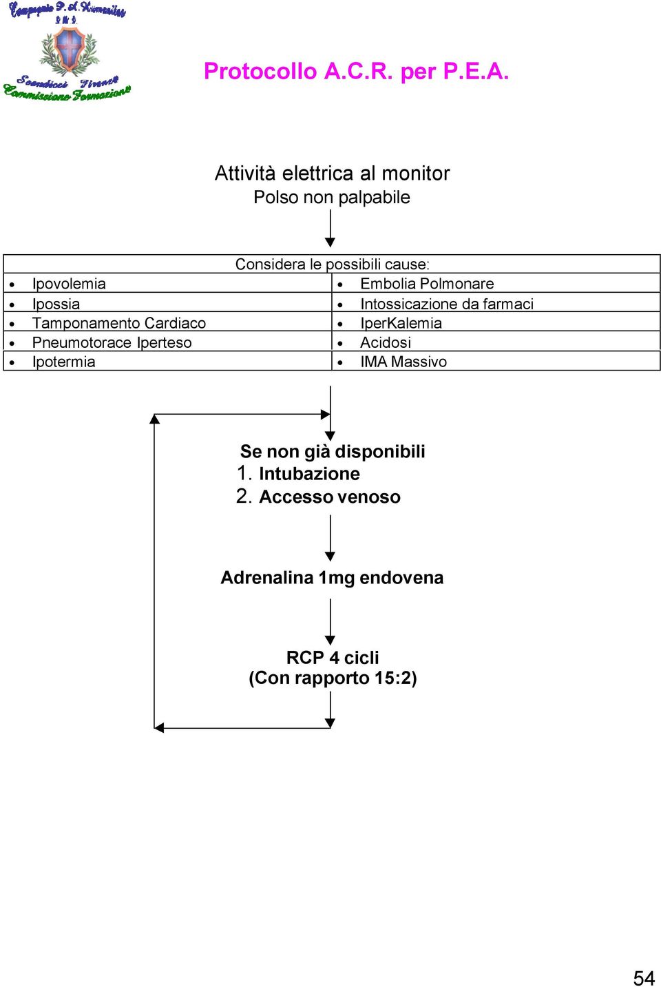 Attività elettrica al monitor Polso non palpabile Considera le possibili cause: Ipovolemia