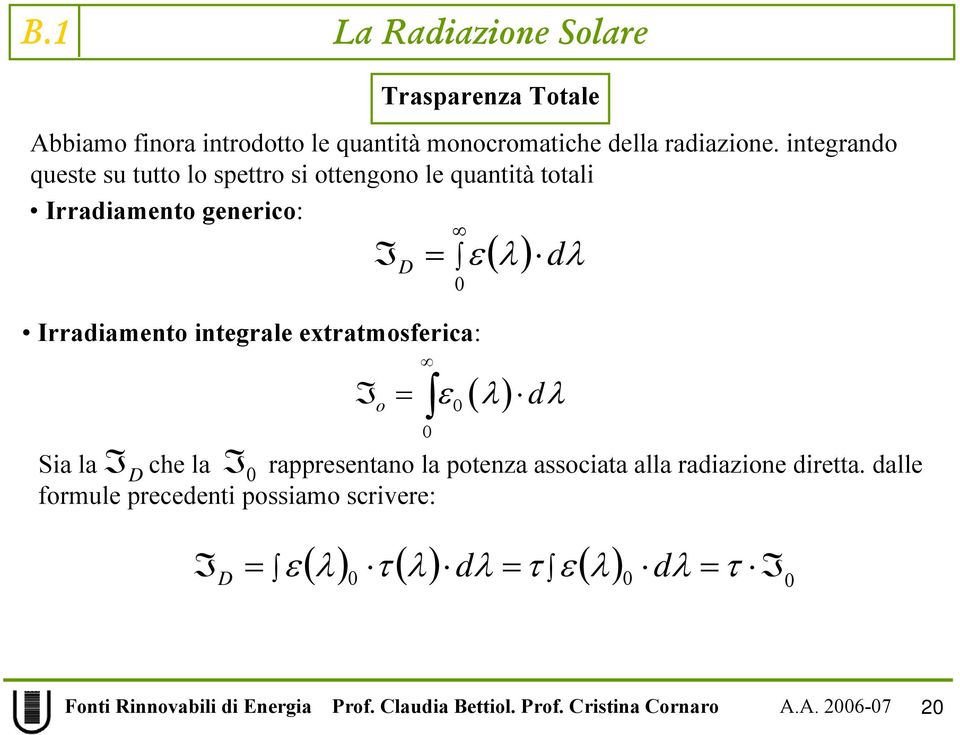 Irradiamento integrale extratmosferica: I I 0 0 ε ( λ) dλ ( ) ε λ dλ Sia la D che la rappresentano la potenza