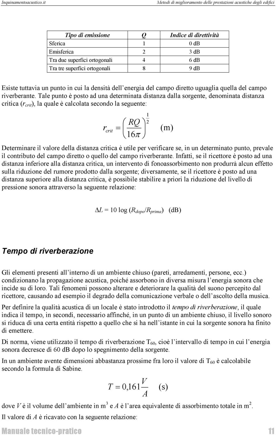 Tale punto è posto ad una determinata distanza dalla sorgente, denominata distanza critica (r crit ), la quale è calcolata secondo la seguente: r crit RQ = 16π Determinare il valore della distanza