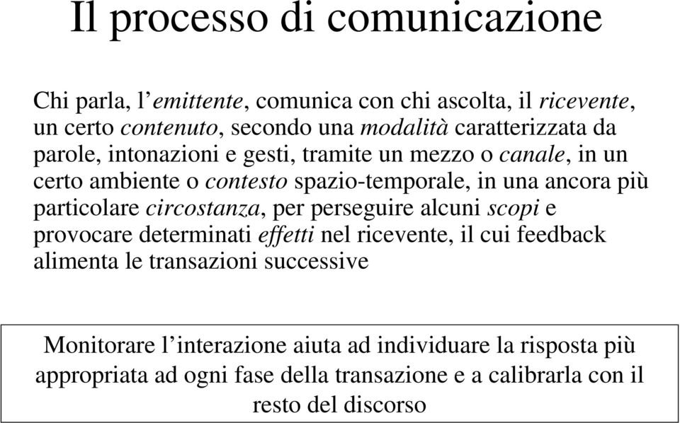 particolare circostanza, per perseguire alcuni scopi e provocare determinati effetti nel ricevente, il cui feedback alimenta le transazioni