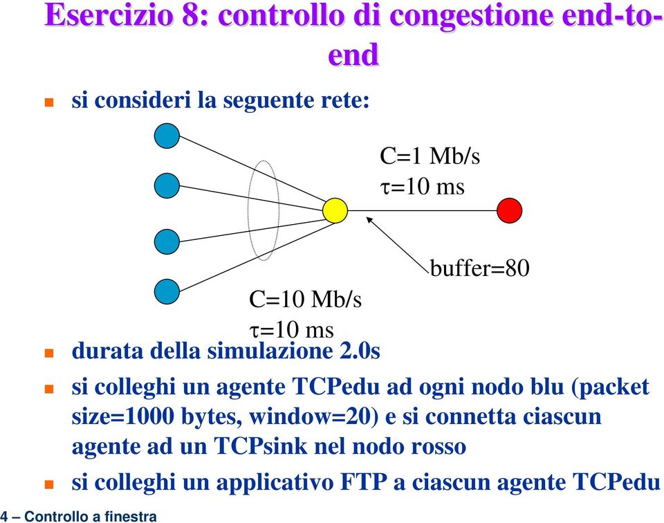 0s si colleghi un agente TCPedu ad ogni nodo blu (packet size=1000 bytes, window=20) e