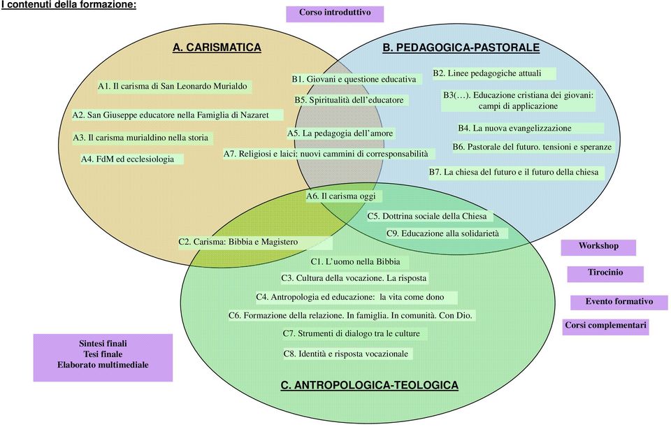 Religiosi e laici: nuovi cammini di corresponsabilità A6. Il carisma oggi C5. Dottrina sociale della Chiesa B2. Linee pedagogiche attuali B3( ).