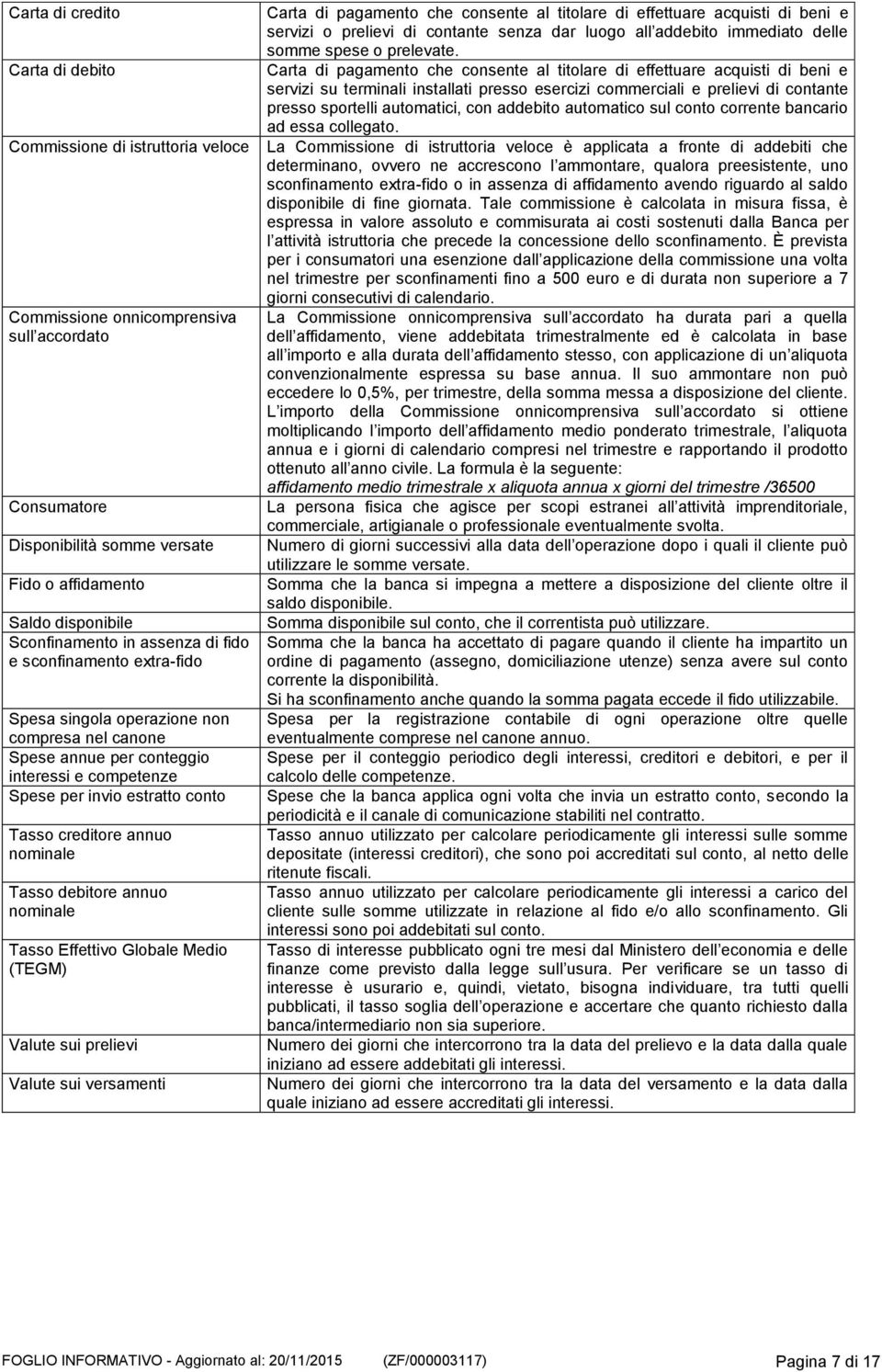 creditore annuo nominale Tasso debitore annuo nominale Tasso Effettivo Globale Medio (TEGM) Valute sui prelievi Valute sui versamenti Carta di pagamento che consente al titolare di effettuare