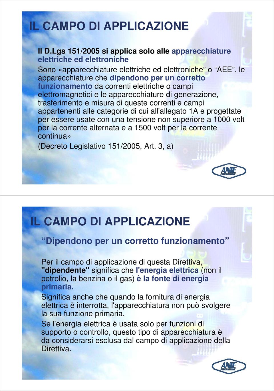 da correnti elettriche o campi elettromagnetici e le apparecchiature di generazione, trasferimento e misura di queste correnti e campi appartenenti alle categorie di cui all'allegato 1A e progettate