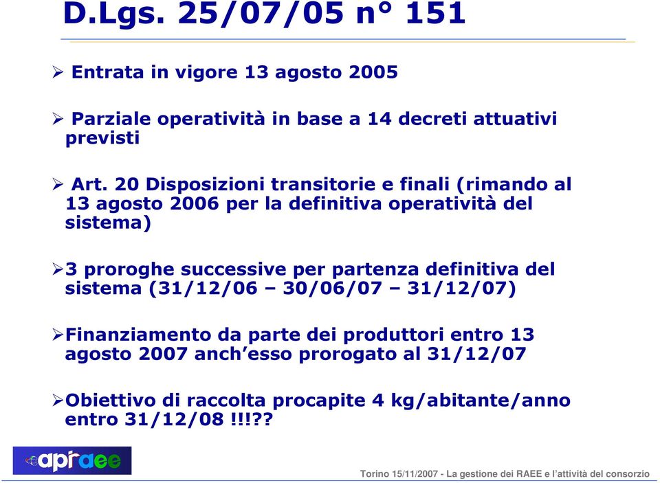 20 Disposizioni transitorie e finali (rimando al 13 agosto 2006 per la definitiva operatività del sistema) 3 proroghe