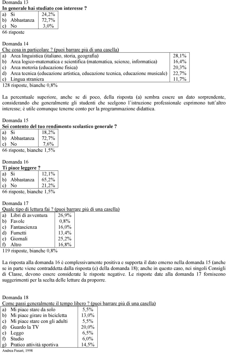 Area tecnica (educazione artistica, educazione tecnica, educazione musicale) e) Lingua straniera 128 risposte, bianche 0,8% 28, 16,4% 20, 22,7% 11,7% La percentuale superiore, anche se di poco, della