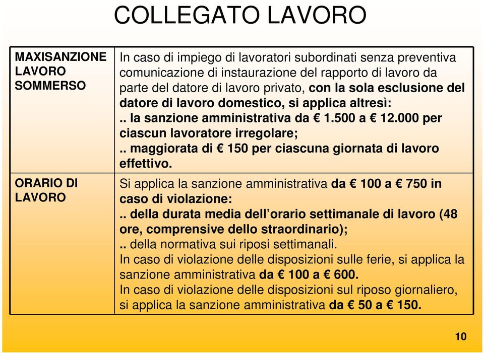 . maggiorata di 150 per ciascuna giornata di lavoro effettivo. Si applica la sanzione amministrativa da 100 a 750 in caso di violazione:.