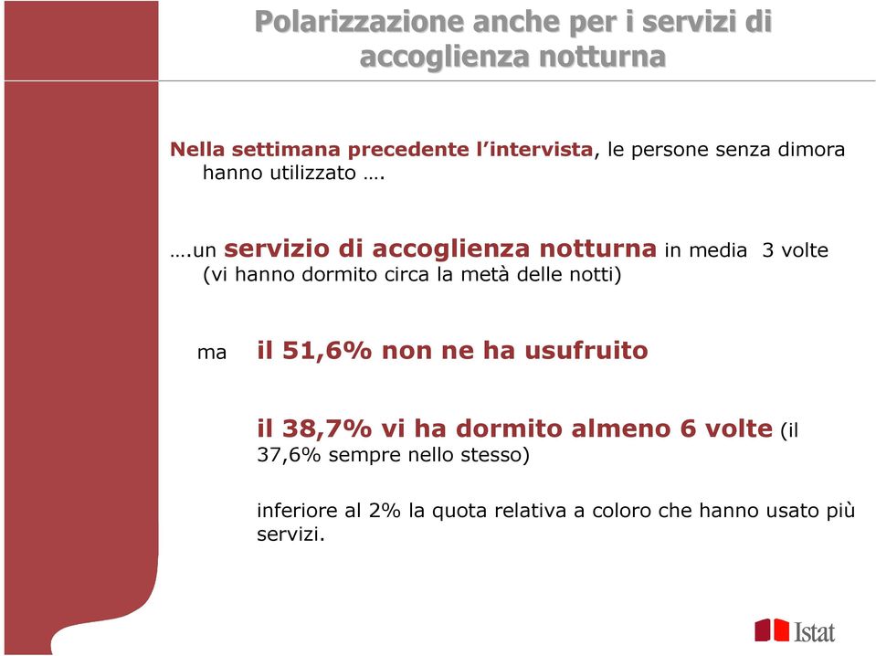 .un servizio di accoglienza notturna in media 3 volte (vi hanno dormito circa la metà delle notti) ma