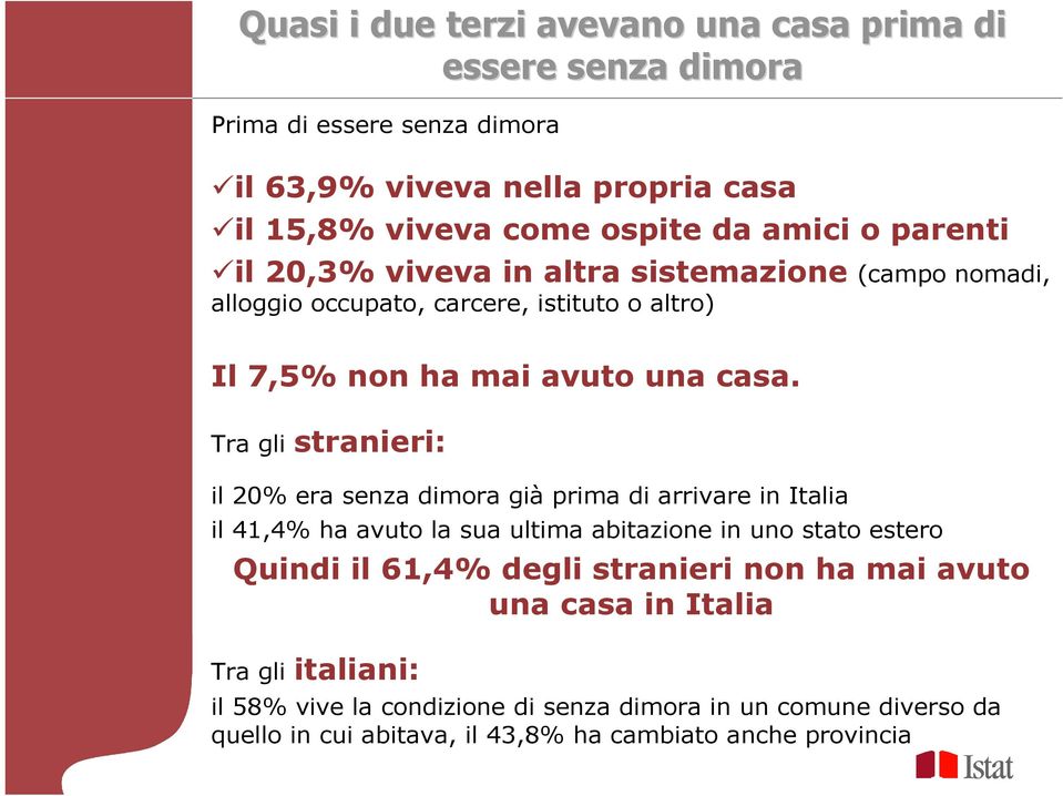 Tra gli stranieri: il 20% era senza dimora già prima di arrivare in Italia il 41,4% ha avuto la sua ultima abitazione in uno stato estero Quindi il 61,4% degli